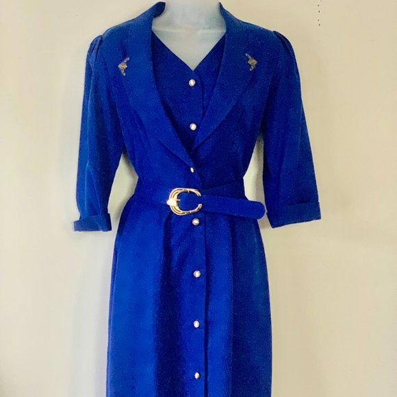 Vintage Blue Ladies Belted Dress PIAF Size 8 - Picture 1 of 2